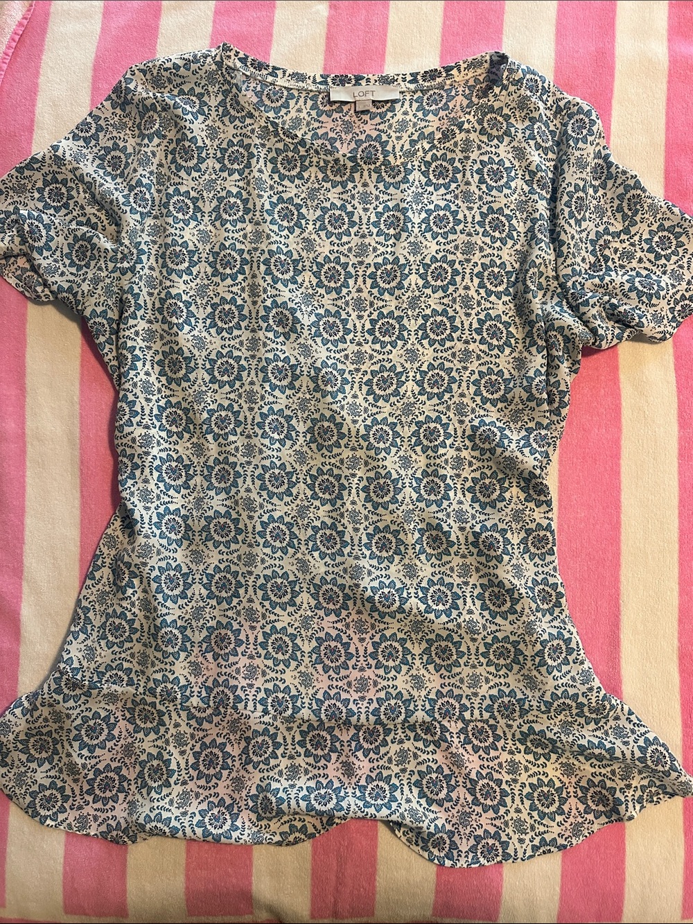 LOFT Cream and Blue Floral Short Sleeve Peplum Blouse